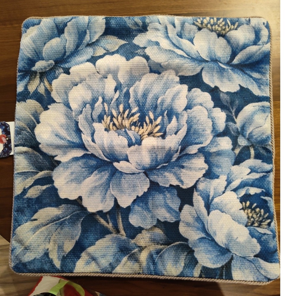 Maco Design Blue Floral Peony Tapestry & Faux Leather Pillow Cover Poland